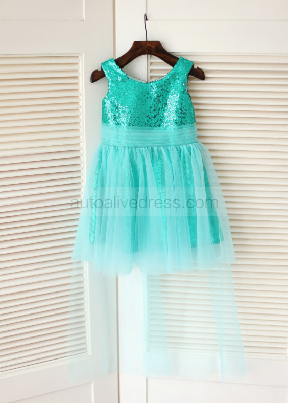 Turquoise Sequin Tulle Short Flower Girl Dress